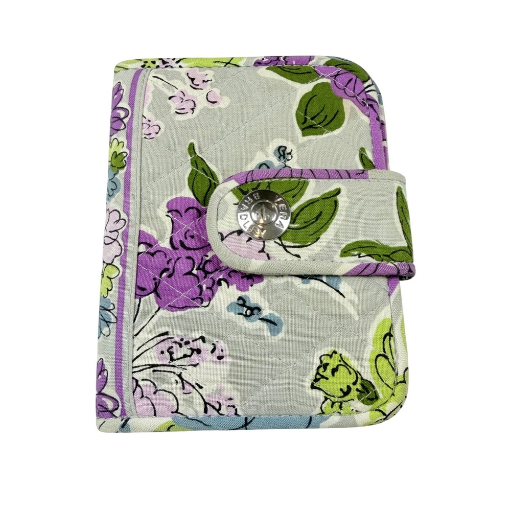 Vera Bradley Grey Purple Floral Quilted Cotton Small Bifold Wallet ID Window